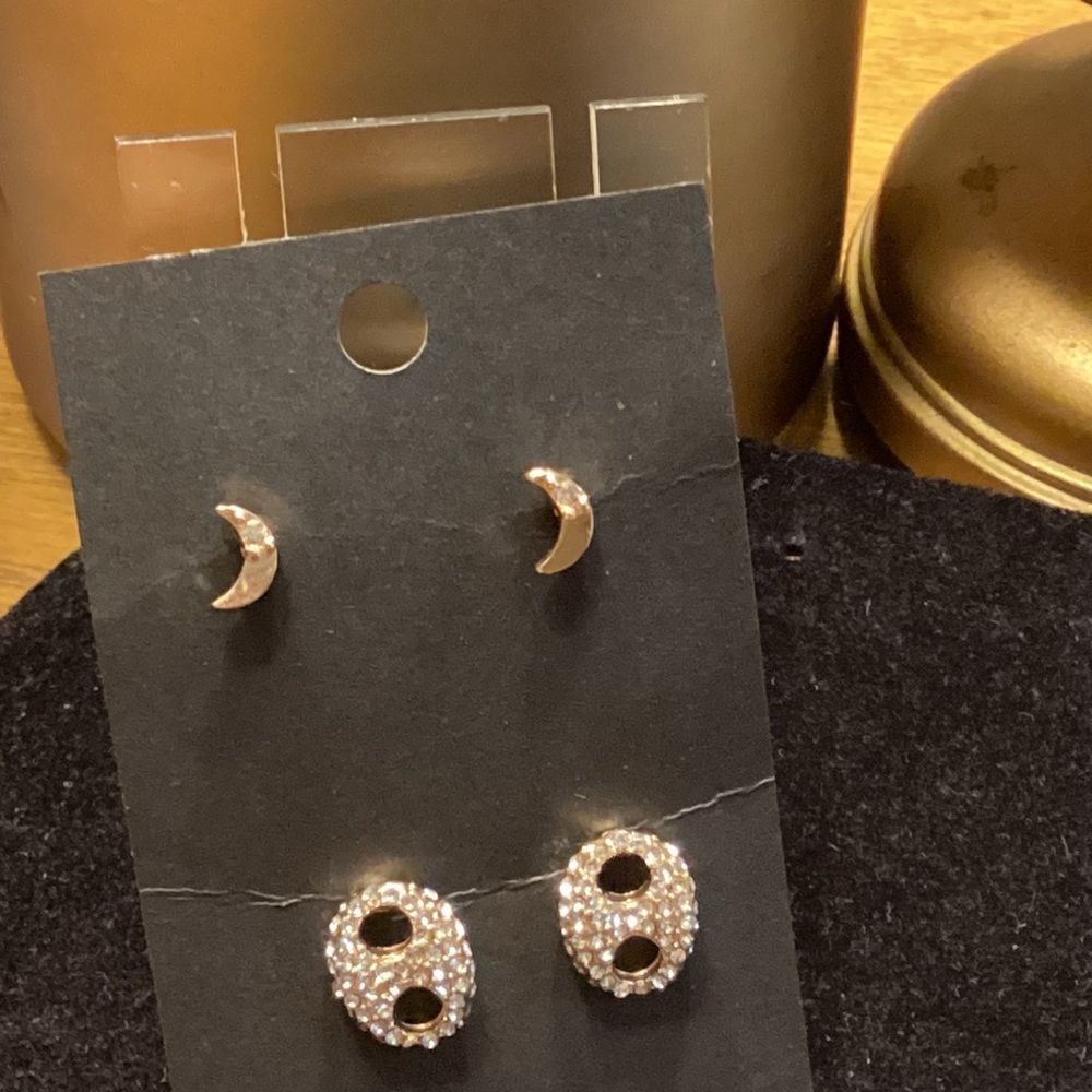 NWOT. Set of 2 Pair Earrings: Gold-Tone Crystal Moons and Pave Crystal Oval